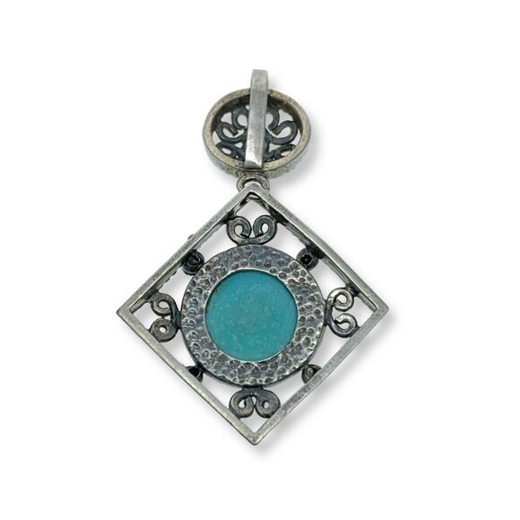 Vintage RC Sterling Silver 925 Ornate Blue Persian Turquoise Marcasite Pendant - Picture 2 of 4